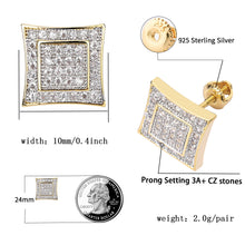 Load image into Gallery viewer, TOPGRILLZ 925 Sterling Silver Iced out Men 14k Gold Square Kite Screw Back Hypoallergenic Stud Earrings with Simulated Diamond