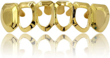 Load image into Gallery viewer, TOPGRILLZ 14K Gold Plated Open Face Top and Bottom Grillz for Your Teeth Vampire Grill Hip Hop Cosplay Costume Rapper Accessory (Extra 2 Molding Bars)
