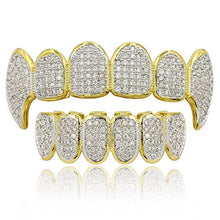 Load image into Gallery viewer, JINAO 18k Gold Plated All Iced Out Luxury Cubic Zirconia Face Diamond Gold Teeth Grillz Set with Extra Molding Bars Included for Men Women