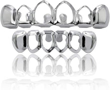 Load image into Gallery viewer, TOPGRILLZ 14K Gold Plated Open Face Top and Bottom Grillz for Your Teeth Vampire Grill Hip Hop Cosplay Costume Rapper Accessory (Extra 2 Molding Bars)