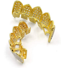 Load image into Gallery viewer, TOPGRILLZ Diamond Grills for Your Teeth Women 18K Gold Plated Fully Iced Out CZ Vampire Top and Bottom Face Mouth Men with Extra Molding Bars Cosplay Costume