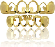 Load image into Gallery viewer, TOPGRILLZ 14K Gold Plated Open Face Top and Bottom Grillz for Your Teeth Vampire Grill Hip Hop Cosplay Costume Rapper Accessory (Extra 2 Molding Bars)