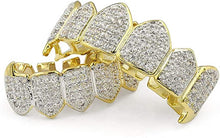 Load image into Gallery viewer, TOPGRILLZ Diamond Grills for Your Teeth Women 18K Gold Plated Fully Iced Out CZ Vampire Top and Bottom Face Mouth Men with Extra Molding Bars Cosplay Costume