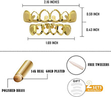 Load image into Gallery viewer, TOPGRILLZ 14K Gold Plated Open Face Top and Bottom Grillz for Your Teeth Vampire Grill Hip Hop Cosplay Costume Rapper Accessory (Extra 2 Molding Bars)