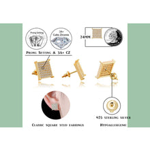 Load image into Gallery viewer, TOPGRILLZ 925 Sterling Silver Iced out Men 14k Gold Square Kite Screw Back Hypoallergenic Stud Earrings with Simulated Diamond