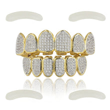 Load image into Gallery viewer, JINAO 18k Gold Plated All Iced Out Luxury Cubic Zirconia Face Diamond Gold Teeth Grillz Set with Extra Molding Bars Included for Men Women