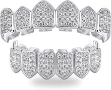 Load image into Gallery viewer, TOPGRILLZ Diamond Grills for Your Teeth Women 18K Gold Plated Fully Iced Out CZ Vampire Top and Bottom Face Mouth Men with Extra Molding Bars Cosplay Costume
