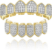 Load image into Gallery viewer, TOPGRILLZ Diamond Grills for Your Teeth Women 18K Gold Plated Fully Iced Out CZ Vampire Top and Bottom Face Mouth Men with Extra Molding Bars Cosplay Costume