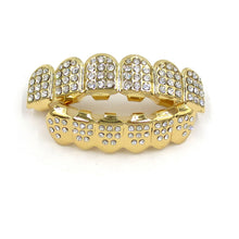 Load image into Gallery viewer, OYOGAA 14K Gold Plated ICED Out CZ Teeth Grillz Top Bottom Tooth Caps Hip Hop Bling New Gold Shiny Grills Costume jewelry