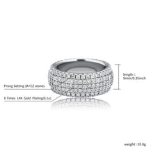 Load image into Gallery viewer, JINAO 9mm 5Rows 14K Gold Plated Iced Out Lab Simulated Diamond Cubic Zirconia Eternity Wedding Band Ring for Men Women