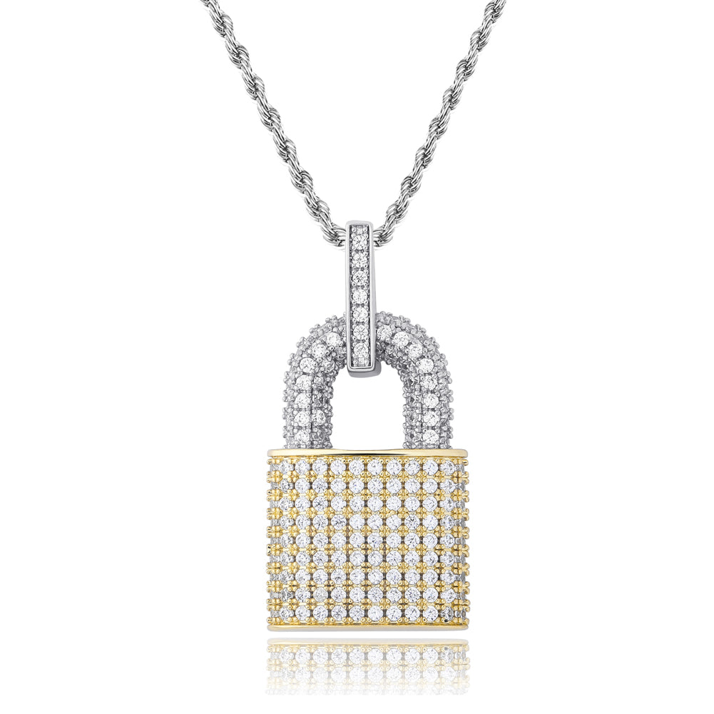 14K Gold Plated Iced Out Lock Pendant Necklace