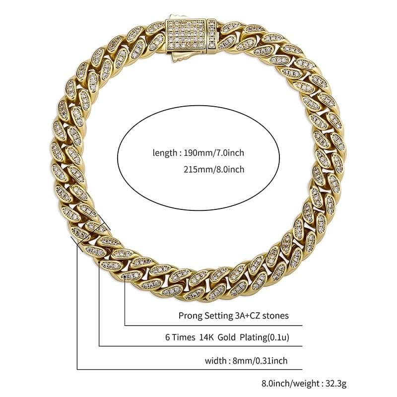 8MM Baguette Cuban Link Bracelets- GOLD - Alliceonyou