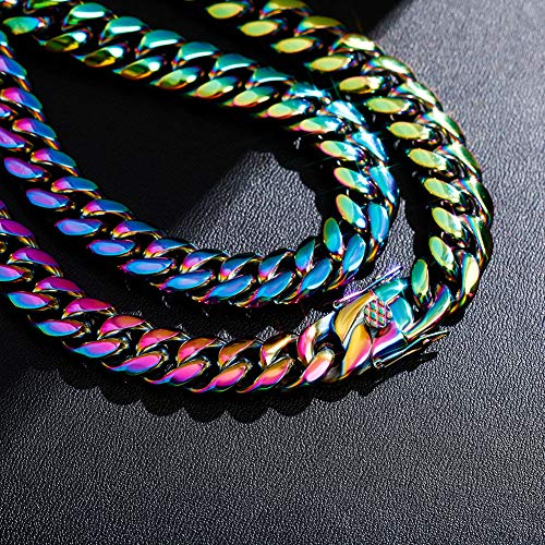 TOPGRILLZ 10,14mm Polished Stainless Steel Solid Rainbow Colorful Cuban Link Chain Necklace for Men Women Hip Hop Jewelry
