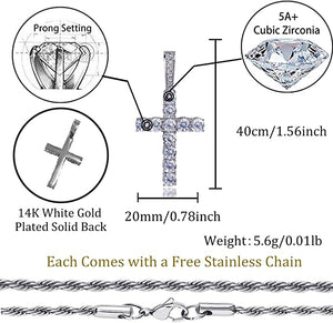 TOPGRILLZ 14K Gold&Silver Plated Solid Iced out CZ Lab Cubic Zirconia Cross Pendant Necklace for Men Women Stainless Chain