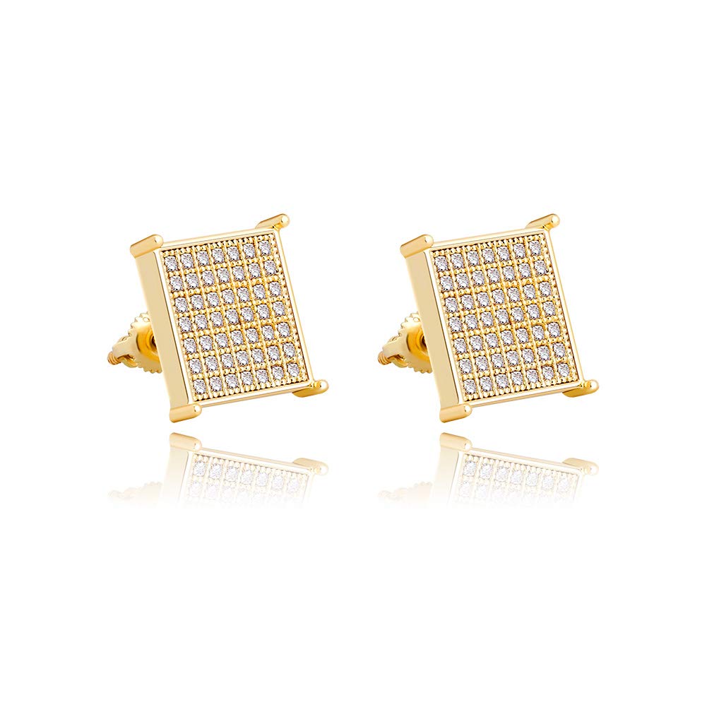 TOPGRILLZ 925 Sterling Silver Iced out Men 14k Gold Square Kite Screw Back Hypoallergenic Stud Earrings with Simulated Diamond