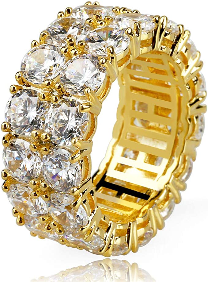 TOPGRILLZ 9mm 2Rows Round Cut 14K Silver Plated Iced Out Lab Diamond Wedding Band Eternity Bands Ring for Men Women