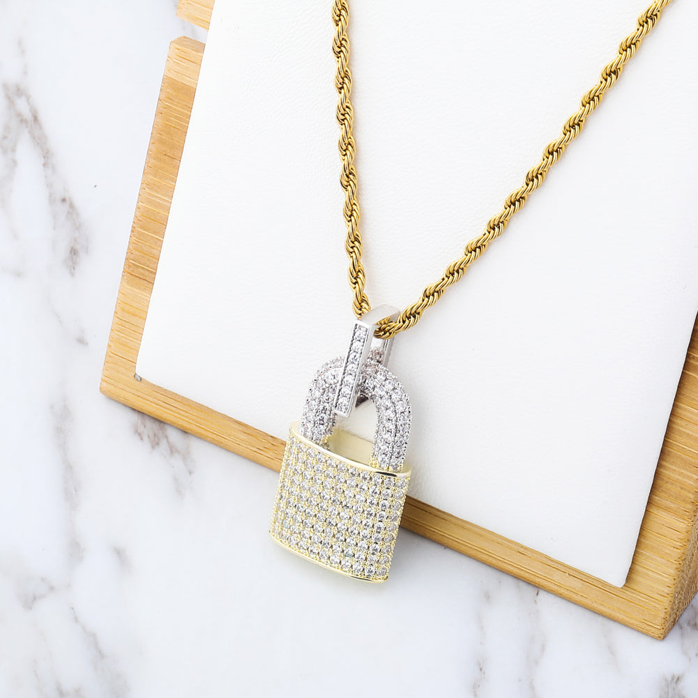 14K Gold Plated Iced Out Lock Pendant Necklace