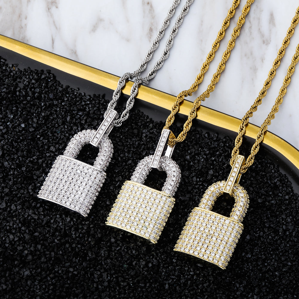 14K Gold Plated Iced Out Lock Pendant Necklace