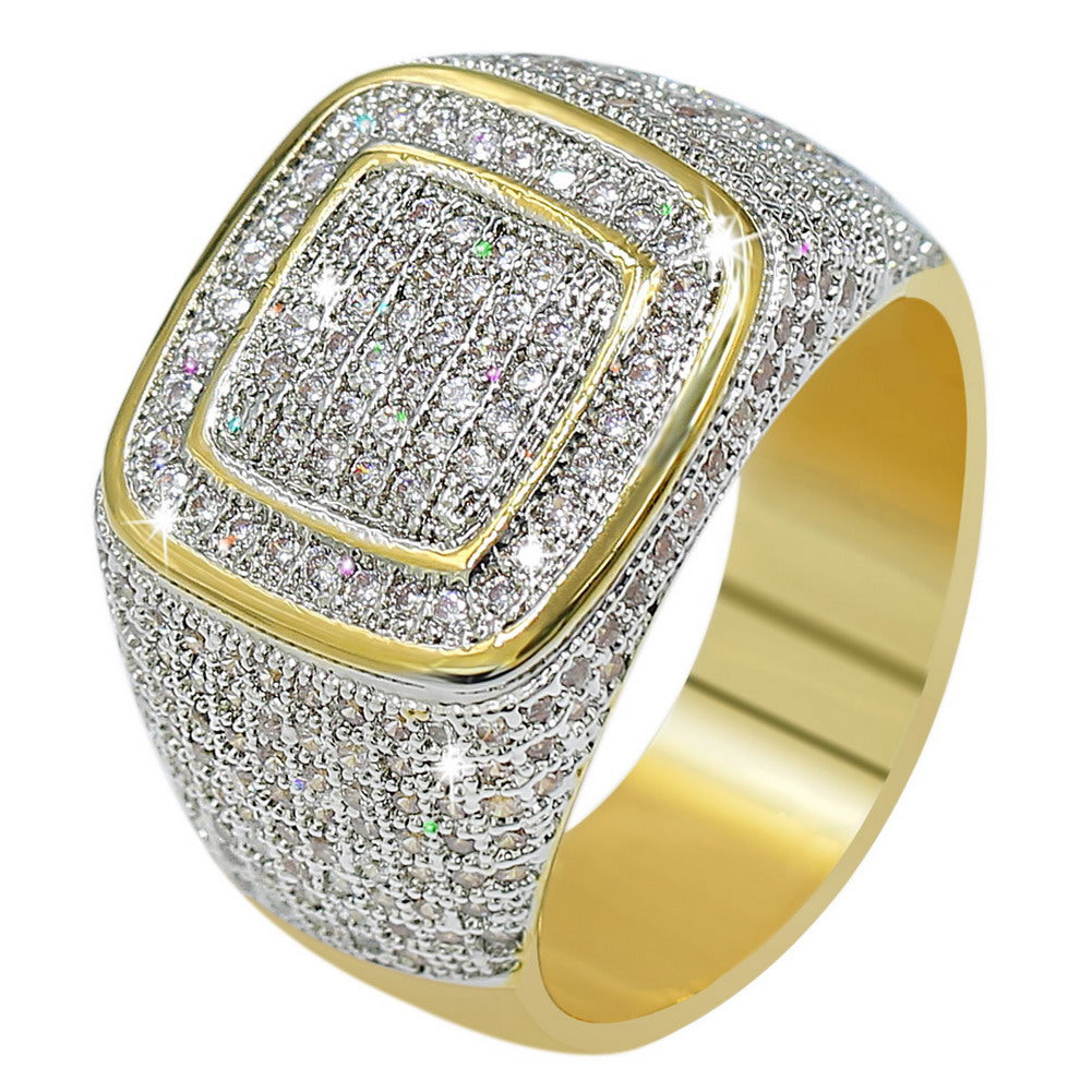 JINAO18K Gold Cluster ICED Out Lab Simulated Diamond Band Micropave Mens Bling Ring