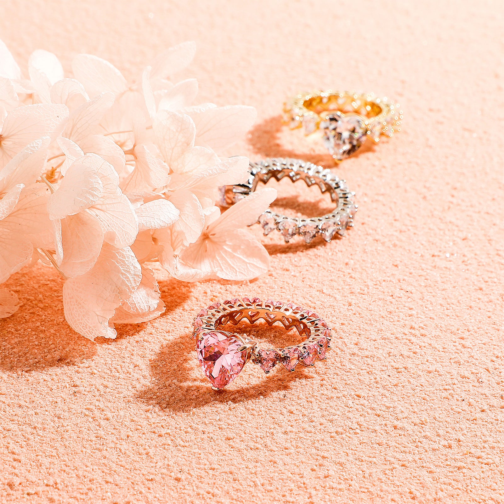 Pink Heart Wedding Baguette Ring For Women-Rose Gold