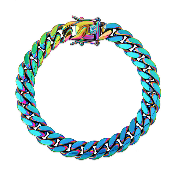 TOPGRILLZ 10,14mm Polished Stainless Solid Colorful Rainbow Cuban Link Chain Bracelet for Men and Women Hip Hop Personality Jewelry