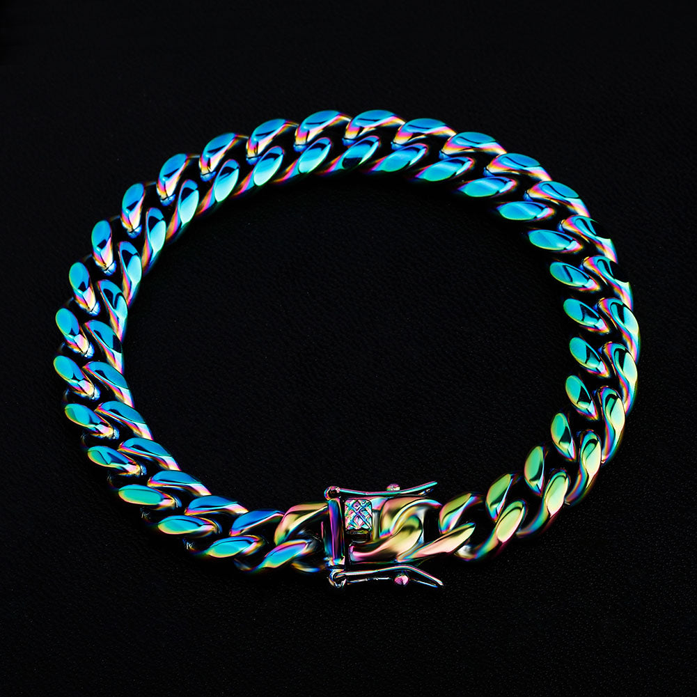 TOPGRILLZ 10,14mm Polished Stainless Solid Colorful Rainbow Cuban Link Chain Bracelet for Men and Women Hip Hop Personality Jewelry