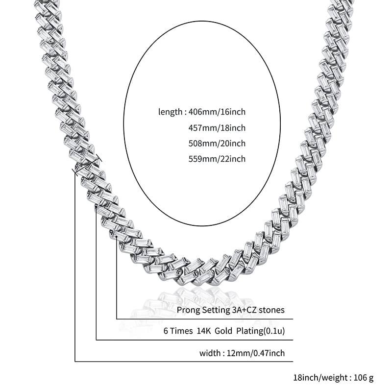 12MM Baguette Prong Link Chain - SLIVER - Alliceonyou